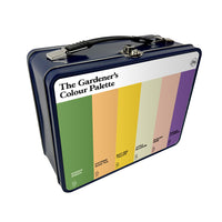 Gardeners metal storage and lunch box featuring the colours of gardening