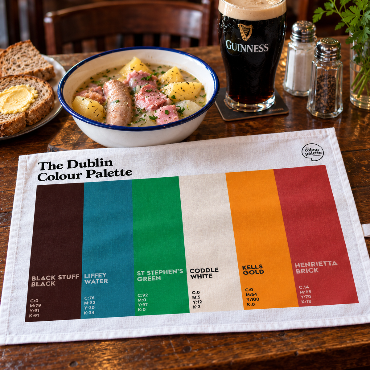 Dublin Tea Towel with a Coddle meal and pint of Guinness