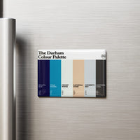 Durham Colour Palette fridge magnet featuring six colourful swatches inspired by Durham Cathedral, the River Wear, Durham Regatta and County Durham heritage.