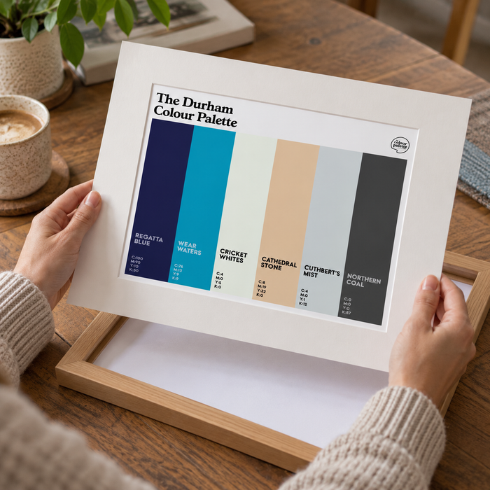Durham Colour Palette mounted art print with six colour swatches celebrating Durham Cathedral, the River Wear, Chester-le-Street cricket and mining heritage.