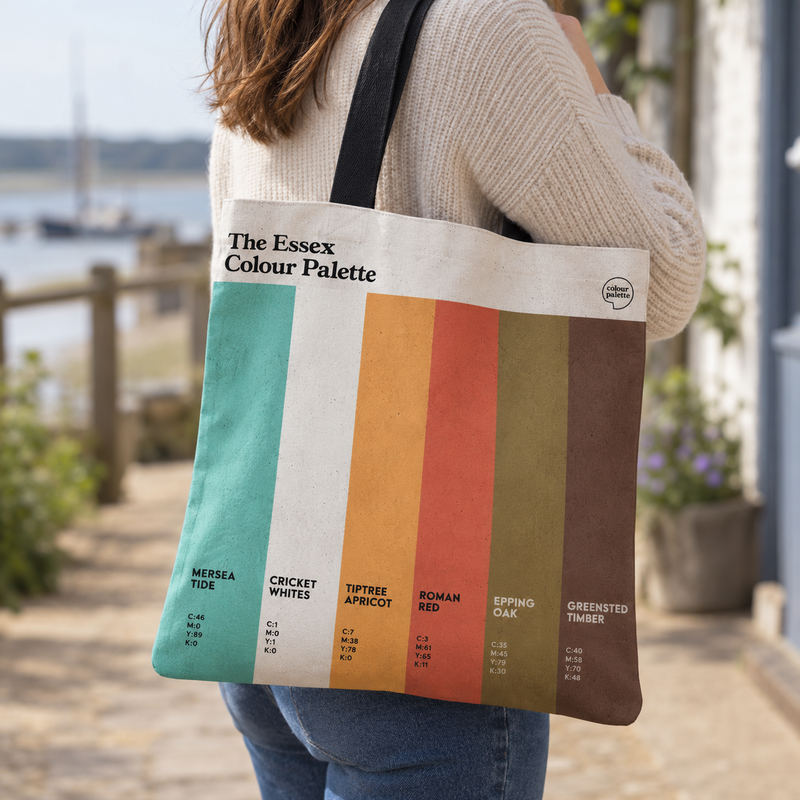 Essex Colour Palette cotton tote shopper bag with black handles and six vertical colour swatches inspired by the county’s coast, countryside and history.