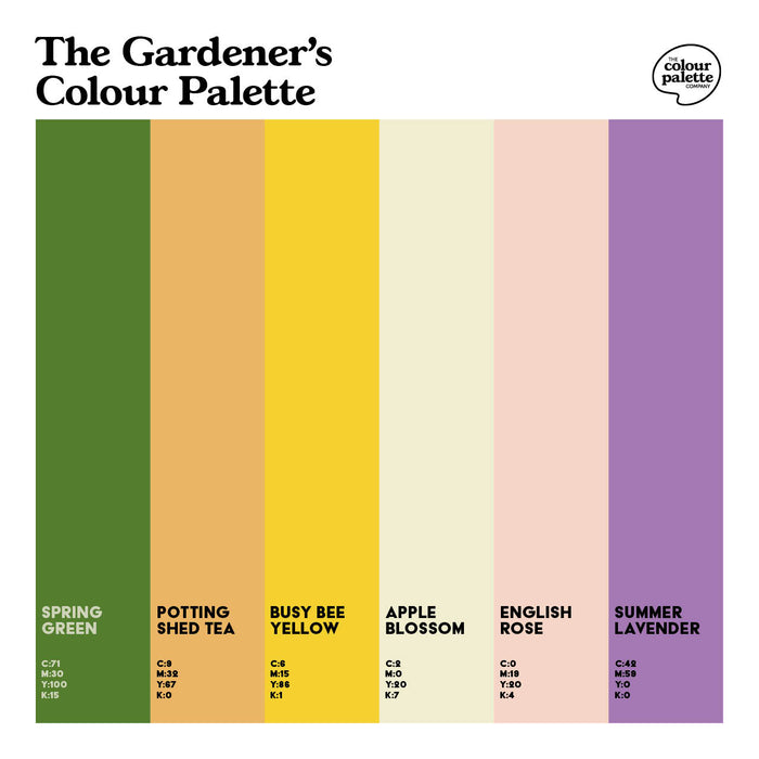 The Gardener’s Colour Palette design featuring six colour swatches relating to gardening