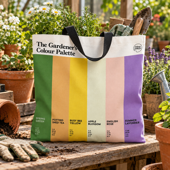 gardeners tote and shopping bag featuring the colours of gardening and the gardener’s colour palette
