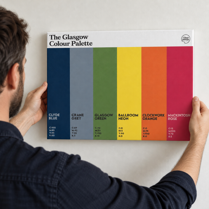 Glasgow Colour Palette canvas wall art featuring six vertical colour swatches inspired by the city’s shipbuilding heritage, music venues and Mackintosh.
