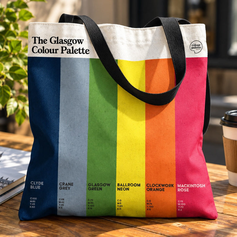 Glasgow Colour Palette cotton tote shopper bag with black handles and six vertical colour swatches inspired by the city’s landmarks and culture.