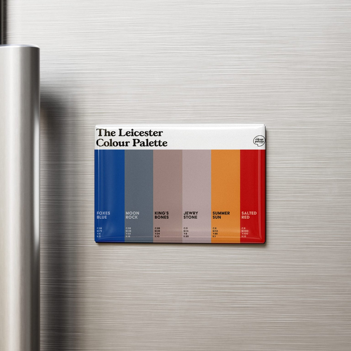 Leicester Colour Palette fridge magnet featuring six colourful swatches celebrating Leicester’s famous landmarks, football and heritage.