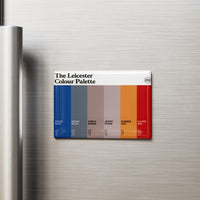 Leicester Colour Palette fridge magnet featuring six colourful swatches celebrating Leicester’s famous landmarks, football and heritage.