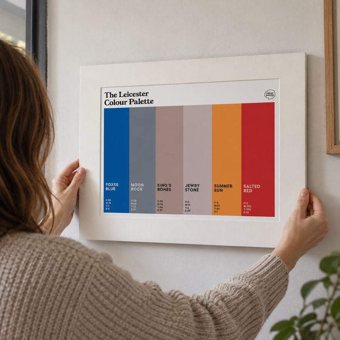 Leicester Colour Palette mounted art print featuring six colour swatches inspired by Leicester’s football, historic landmarks and local heritage.