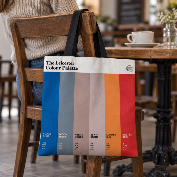 Leicester Colour Palette cotton tote shopping bag featuring six colours inspired by Leicester City FC, Richard III and the city’s heritage.