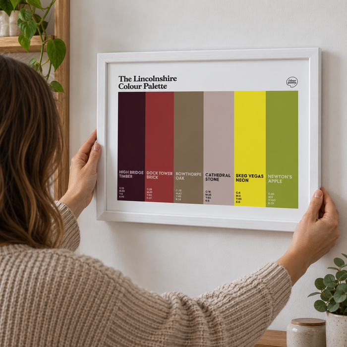 Lincolnshire Colour Palette framed wall art featuring six colours celebrating Lincoln Cathedral, Grimsby, Skegness and the county’s heritage.