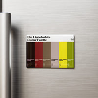 Lincolnshire Colour Palette fridge magnet featuring six colourful swatches inspired by Lincoln, Grimsby, Skegness and Lincolnshire heritage.