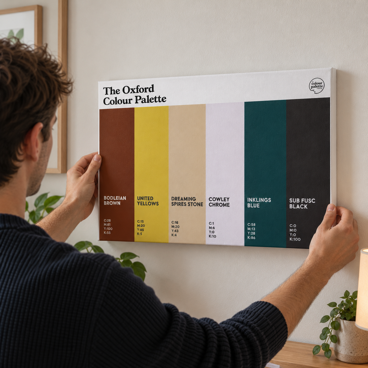 Oxford Colour Palette canvas wall art featuring six colours inspired by Oxford University, the Bodleian Library, Dreaming Spires, Oxford United and literary history.