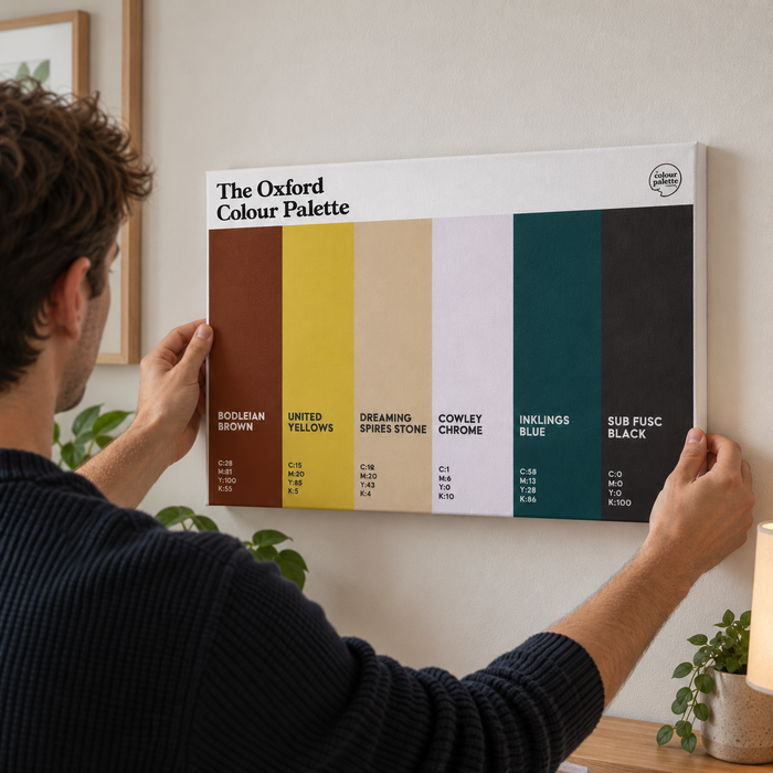 Oxford Colour Palette canvas wall art featuring six colours inspired by Oxford University, the Bodleian Library, Dreaming Spires, Oxford United and literary history.
