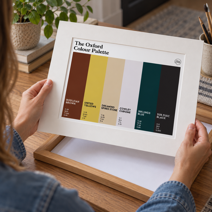 Oxford Colour Palette mounted art print with six colour swatches celebrating Oxford University, the Bodleian Library, Dreaming Spires and the literary Inklings.
