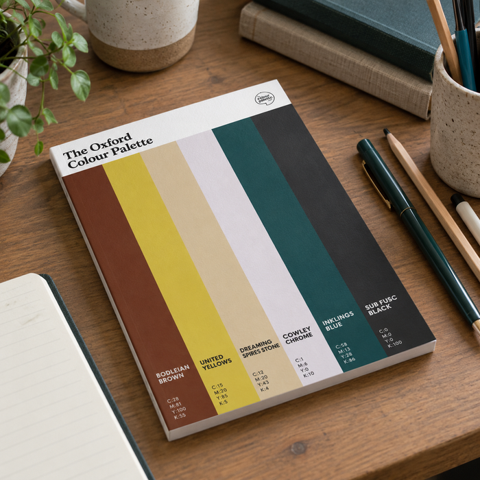 Oxford Colour Palette A5 sketchbook featuring six colours inspired by the Bodleian Library, Oxford United, Dreaming Spires, Tolkien, CS Lewis and academic traditions.