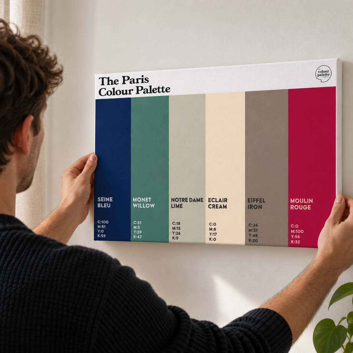 Paris Colour Palette canvas wall art featuring six vertical colour swatches inspired by Paris landmarks, Monet, Notre Dame and Moulin Rouge
