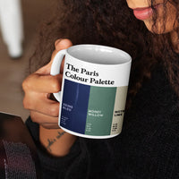 Paris Colour Palette white porcelain coffee mug featuring colourful swatches inspired by the River Seine, Monet’s gardens and Eiffel Tower