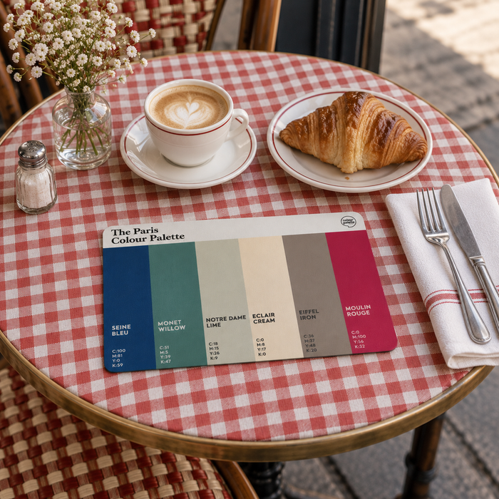 Paris Colour Palette dining placemat with six colour swatches inspired by the Eiffel Tower, Seine, Monet’s gardens and Moulin Rouge