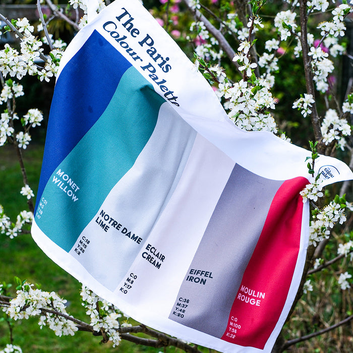 Paris Colour Palette cotton tea towel featuring six colourful swatches inspired by Parisian landmarks, French pâtisseries and the Moulin Rouge