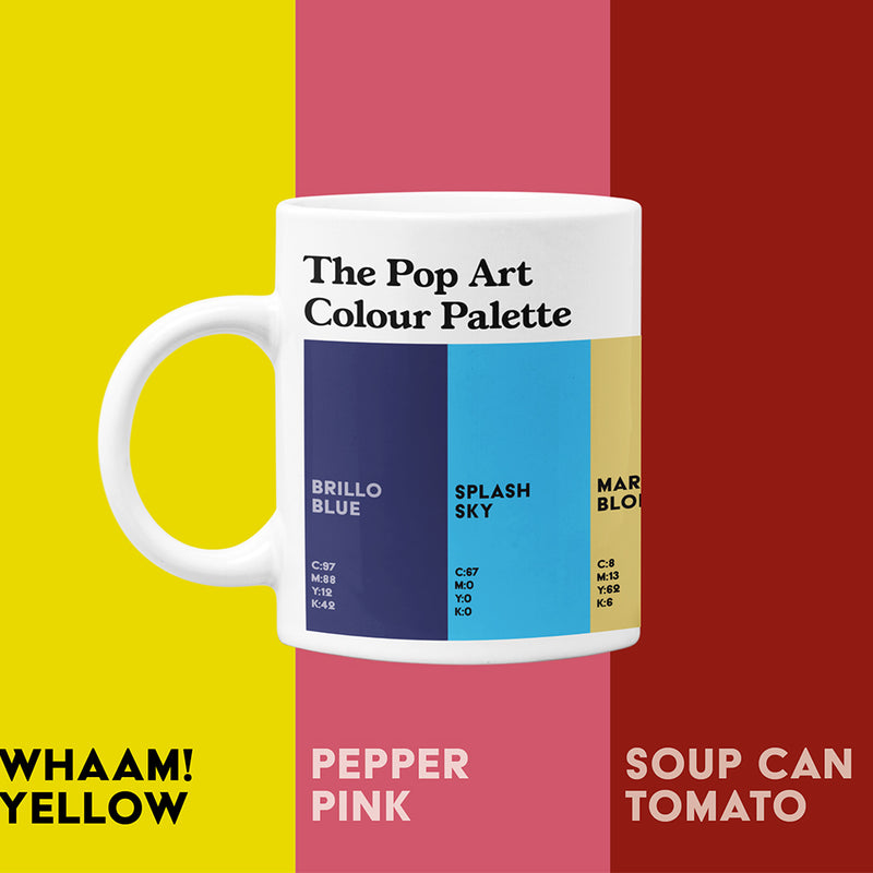 White porcelain Pop Art Colour Palette mug featuring colour swatches inspired by Warhol, Hockney, Lichtenstein and Peter Blake.