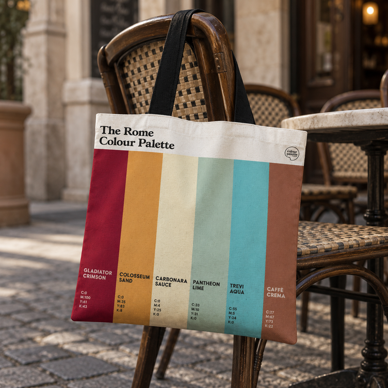 Rome Colour Palette cotton tote shopper bag with black handles and six vertical colour swatches inspired by the Eternal City’s landmarks and food.