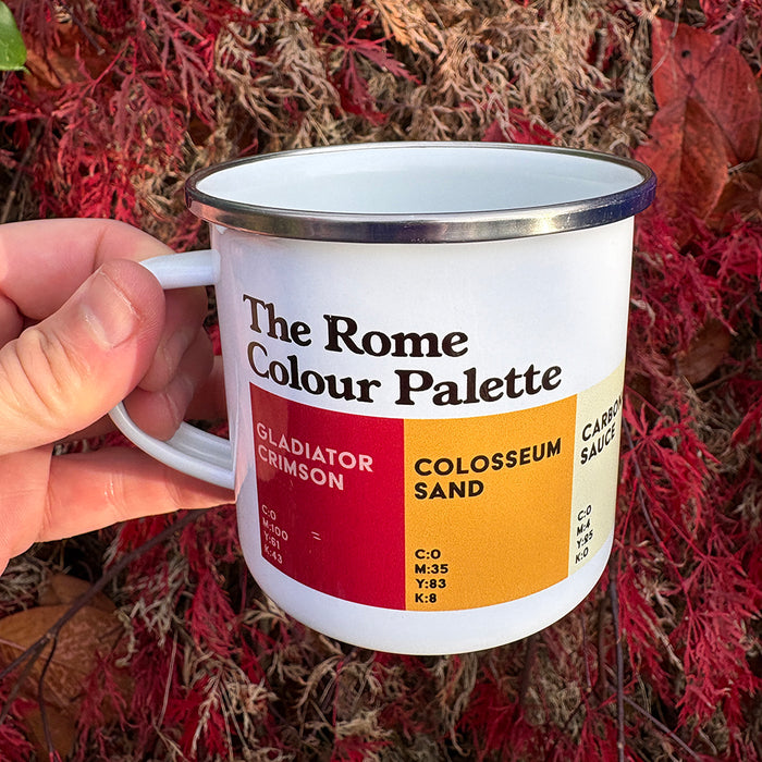 White Rome Colour Palette enamel mug with contrasting rim and colour swatches inspired by the Eternal City’s famous landmarks, history and food.