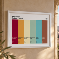 Rome Colour Palette framed wall art featuring six colours inspired by the Colosseum, Pantheon, Trevi Fountain, carbonara and historic Roman coffee houses.