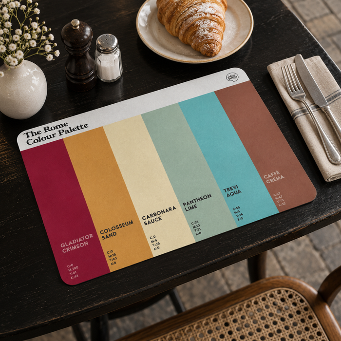 Rome Colour Palette dining placemat featuring six colours celebrating the city’s ancient history, Colosseum, Pantheon, Trevi Fountain and food.