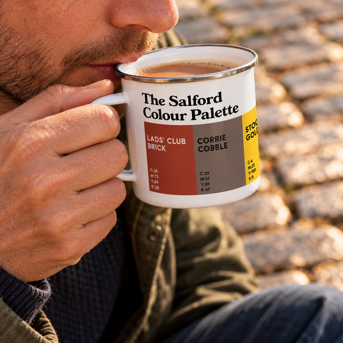Salford Colour Palette enamel mug with a cup of tea