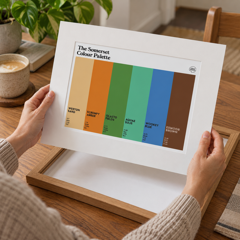 Somerset Colour Palette mounted art print with six colour swatches celebrating Weston-super-Mare, Glastonbury, Bath, Wookey Hole and Exmoor.