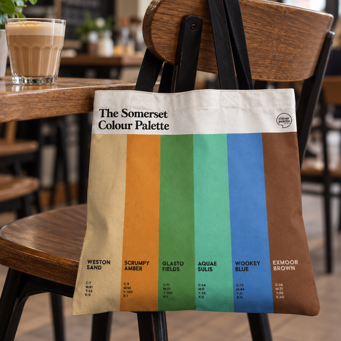Somerset colours tote bag in a Somerset coffee shop