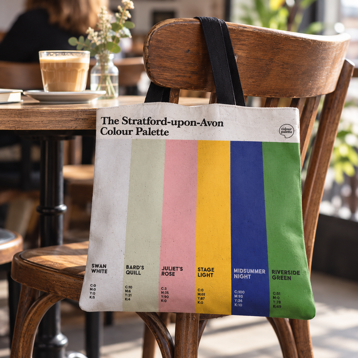 Stratford-upon-Avon Colour Palette cotton tote shopper bag with black handles and six vertical colour swatches inspired by Shakespeare’s hometown.