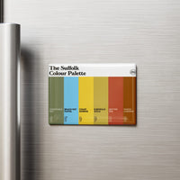 Suffolk Colour Palette fridge magnet featuring six colourful swatches inspired by the Suffolk coast, Sutton Hoo and East Anglian countryside.