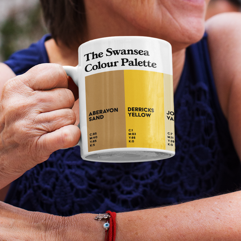 White porcelain Swansea Colour Palette mug featuring colour swatches inspired by Aberavon Beach, Joe’s ice cream and Swansea City FC.