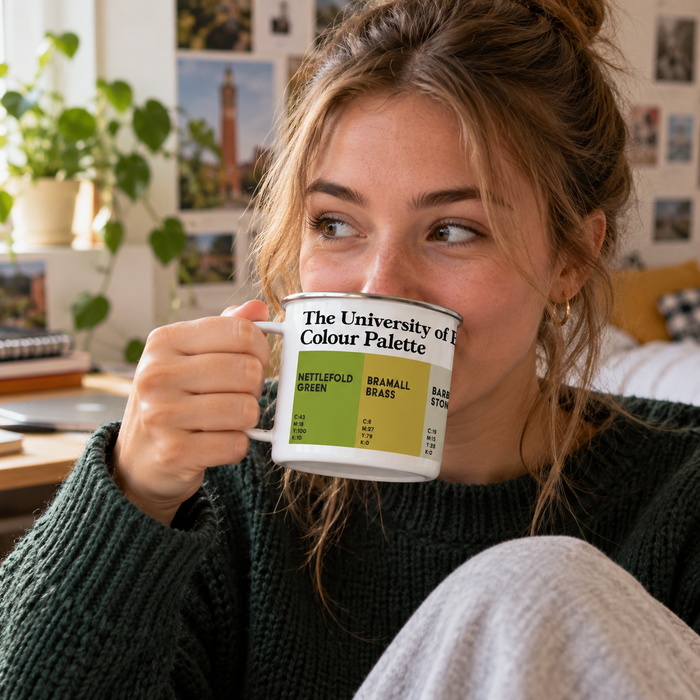 University of Birmingham enamel camping mug featuring the colours of the university