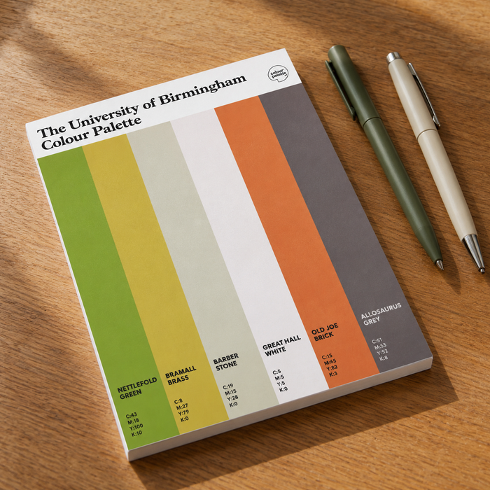 University of Birmingham stationery notepad featuring the colours of the university