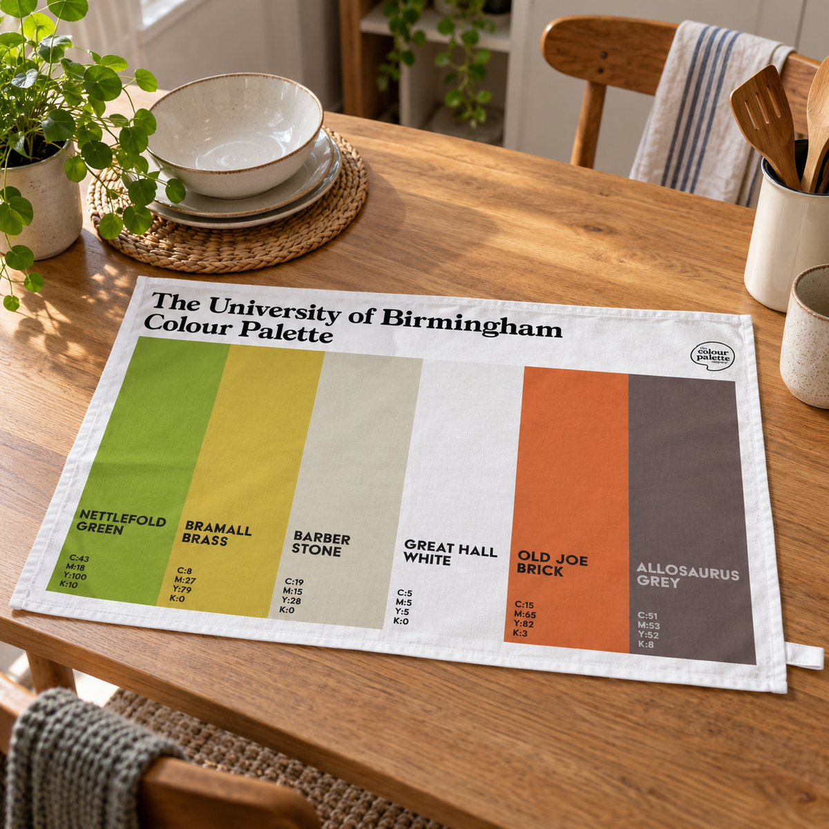 University of Birmingham tea towel featuring the colours of the university