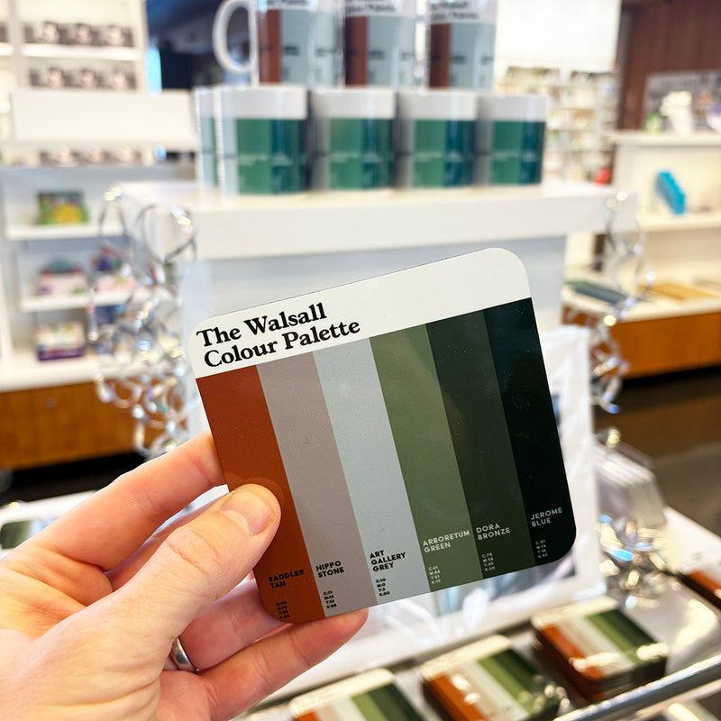 Walsall Colour Palette coaster featuring six colour swatches celebrating the town’s leather industry, famous hippo sculpture, art gallery and Arboretum.