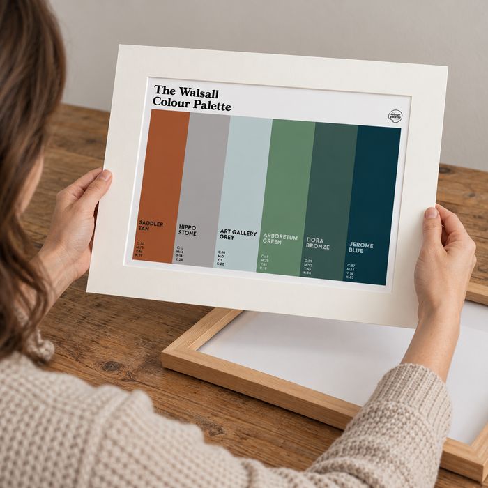 Walsall Colour Palette mounted art print with six Walsall-inspired colours and an off-white mount celebrating the historic Black Country town.