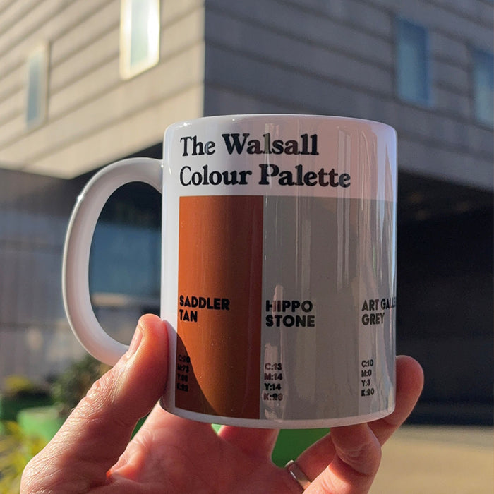 White porcelain Walsall Colour Palette mug featuring colour swatches inspired by Walsall’s saddlery heritage, hippo sculpture and local landmarks.